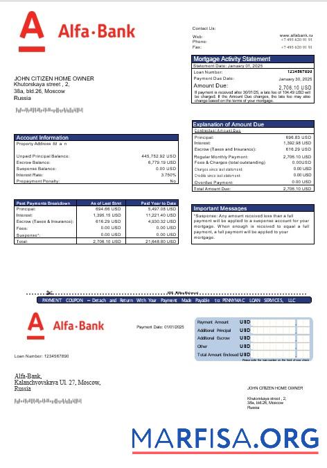 Realistic Russia Alfa bank mortgage statement in Word and PDF formats sample